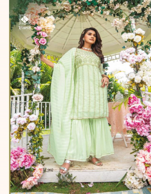parrot green top - 4 sequance work on heavy georgette inner | bottom - latest pattern flair bottom on heavy georgette with inner | dupatta - heavy georgette dupatta with gotta lace work  fabric embroidery work festive 