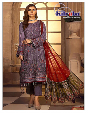 purple top - georgette embroidery and pearl work with including sleeves | inner & bottom - santoon | dupatta - heavy nazneen with heavy embroidery with two side hanging | type - semi stitched | size - fits upto 52| length - 41 