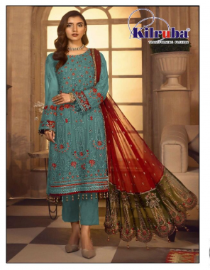 sky blue top - georgette embroidery and pearl work with including sleeves | inner & bottom - santoon | dupatta - heavy nazneen with heavy embroidery with two side hanging | type - semi stitched | size - fits upto 52| length - 41 