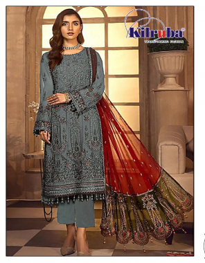 grey top - georgette embroidery and pearl work with including sleeves | inner & bottom - santoon | dupatta - heavy nazneen with heavy embroidery with two side hanging | type - semi stitched | size - fits upto 52| length - 41 