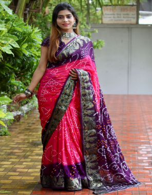 pink saree - art silk | blouse - running  fabric block print work festive 