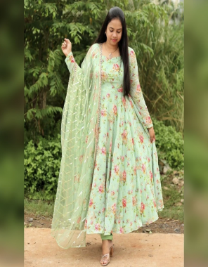 parrot green gown - silk with digital printed sleeves | inner - micro cotton | length - 55 inch | flair - 3.50 m | dupatta - heavy butterfly net sequance with four side fancy border ( 2.40 m) | size - upto 44 xl free size stitch ( fully stitched ) fabric digital printed work casual 