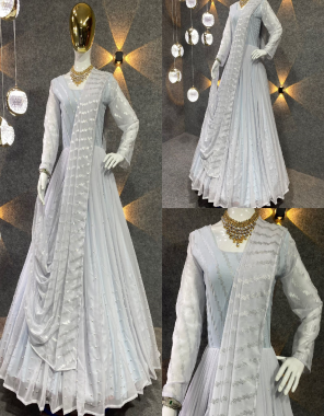 silver gown - fox georgette with foil print work and moti work | inner - micro cotton | length - 55 inch | flair - 3.30 m | dupatta - fox georgette with foil print work ( 2.40 m) | size -upto 44 xl free size ( fully stitched )  fabric moti work work festive 