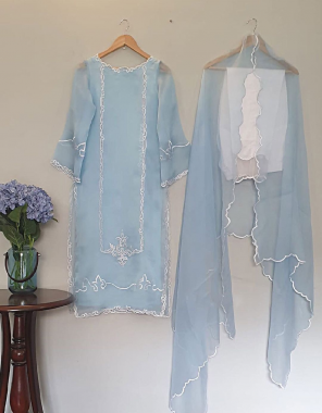 sky blue top - pure organza silk | sleeves with embroidery work | inner - micro cotton | length - 38 -40 inch ( fully stitched ) | pant - buttersilk ( fully stitched ) | dupatta - pure organza with embroidery work ( 2.1 m) | size - xl stitched with xxl margin fabric embroidery work festive 