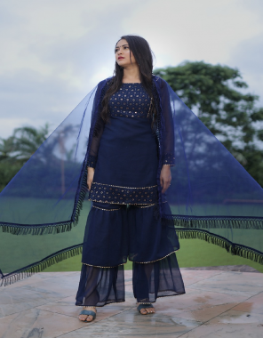 navy blue kurta - heavy fox georgette with sequance work | inner - butter crape | sharara - heavy fox georgette | dupatta - heavy butternet and fancy lace ( 2 m ) | type - fully stitched  fabric embroidery + sequance work casual 