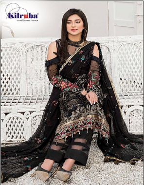 black top - georgette with embroidery and sequance work with back work ( including sleeves ) | bottom - santoon | dupatta - nazmeen with embroidery and sequance work with tussels | type - semi stitched | size - fits upto 56 | length - 40 