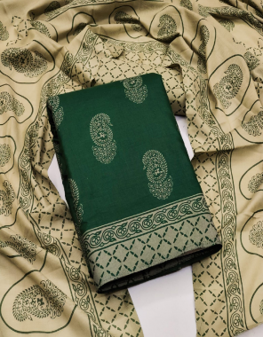 dark green top - cotton printed ( 2.10 m) | bottom - cotton printed ( 2.50 m) | dupatta - cotton printed ( 2.10 ) | size - stitched upto xxxl  fabric printed work casual 
