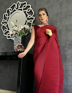 maroon saree - georgette | blouse - silk ( unstitched ) fabric pleated work festive 