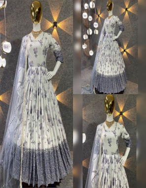 white gown - silk with digital print with 9mm sequance embroidery work with full sleeves | inner - micro cotton | length - 55 inch | flair - 3.50 m | dupatta - net with for 9mm sequance embroidery work side fancy border less ( 3.50 ) | size - upto 44 xxl free size ( fully stitched )  fabric digital printed + sequance work work casual 