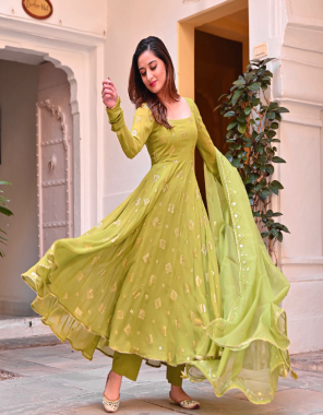 yellow gown - maslin silk with sequance embroidery work with fully sleeves | inner - micro cotton | length - 55 inch | flair - 4 m | dupatta - heavy butterfly net sequance with embroidery and fancy border work ( 2.40 m) | size - upto 42 xl size free size ( fully stitched ) fabric sequance embroidery work work party wear 