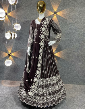 black gown - fox georgette with embroidery with  frill sleeves | inner - micro cotton | length - 55 inch | flair - 3.30 m | dupatta - fox georgette with multi needle work with four side embroidery less border ( 2.40 m) | size - upto 42 xl free size ( fully stitched ) fabric embroidery  work casual 