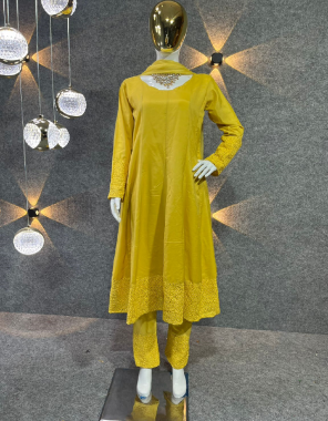 yellow top - heavy pure soft maska cotton silk with boring embroidery work with full sleeves | top inner - micro cotton | length - 41 - 42 inch | pent - heavy pure soft maska cotton silk with fancy border embroidery work | pent size - pent free size stitched | dupatta - nazmin soft shaning cotton ( 2.40 m) | size - upto free size 44 xxl ( fully stitched ) ready to wear fabric embroidery  work festive 