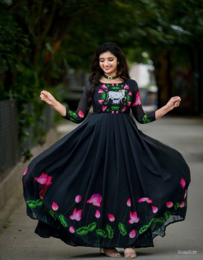 black gown - silk satin with digital print sleeves | inner - micro cotton | flair - 3.30 m | size - upto 42 xl free size ( fully stitched ) fabric digital printed work party wear 