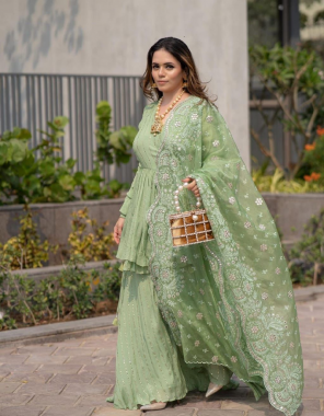 green top - faux georgette ( fully stitched )| plazzo - faux georgette ( fully stitched ) | top and plazzo inner - micro silk | dupatta - heavy butterfly net sequance work ( 2.40 m)  | top length - 36 inches | top size -xl upto free size ( 42 ) | plazzo margin - length - 42 inches | top and plazzo fully stitched  fabric embroidery  work festive 