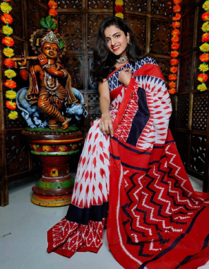 red pure linen saree ( 6.40 m) with navratri style 3d digital printed designer blouse fabric printed work casual 
