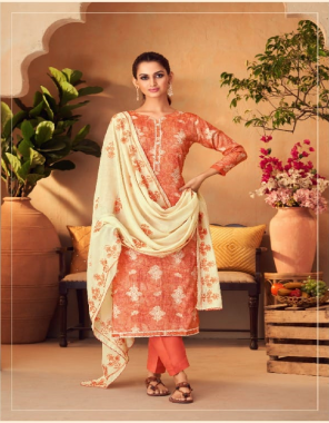 orange top - blossom cotton print with foil and neck & fancy lace work | dupatta - cotton full embroidery | bottom - cotton fabric printed work party wear 