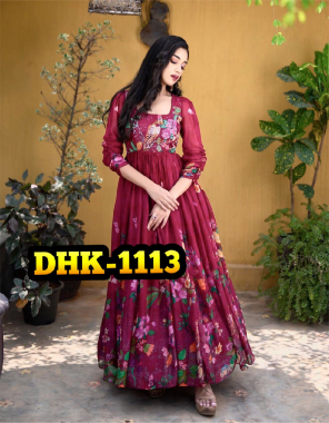 pink gown - heavy faux georgette | sleeves - sleeves with digital printed worked | inner - heavy micro cotton | gown length - 56 - 56 inch | flair - 3 m | type - fully stitched | size - xl stitched with xxl marigin | dupatta - soft butterfly net  fabric digital printed work party wear 