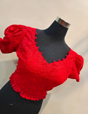red pure cotton with lining with down frill with pom pom and puff sleeves with inter lock  fabric embroidery work casual 