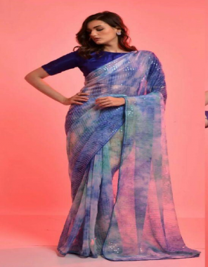 blue saree - premium georgette | blouse - banglory silk plain blouse fabric digital printed + sequance work work ethnic 