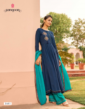 navy blue top - heavy airjet rayon with embroidery neck and khatli handwork | bottom - heavy airjet rayon with embroidery worked plazzo | dupatta - chinon with  four side border fabric embroidery work party wear 