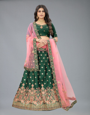 dark green lehenga - satin silk | flair - 3 m | work - sequance embroidery work | inner- mirco cancan also comes for more volume of flair semi stitched upto 44 size | length - 42| choli - satin silk unstitched 0.80 m sequance embroidery work up to 46 size | dupatta  fabric embroidery work festive 