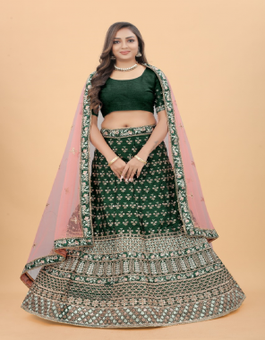 dark green lahenga - raw silk ( semi stitched ) | flair - 3 m | work - sequance embroidery work | inner - micro canvas also comes for more volume of flair semi stitched ( upto 44 size | length - 42 ) | choli - raw silk ( unstitched 0.80 m) sequance embroidery work ( upto 46 ) | dupatta - net dupatta ( 2.50 m) sequance embroidery work  fabric embroidery work festive 