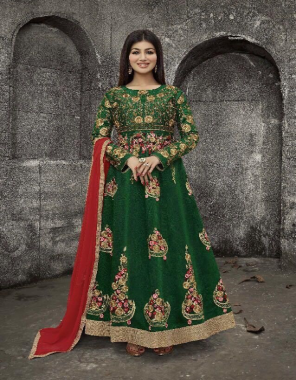 dark green top - malbari raw silk with heavy embroidery all over including sleeves | bottom - heavy santoon | dupatta - fine chiffon with golden lace four side lace | size - fits upto 44| length - 52 | suits flair - 3 m fabric embroidery work casual 