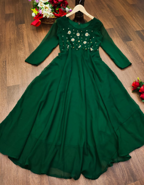 dark green georgette with complete lining | height - 52 + | flair - 3.5 + fabric handwork work festive 
