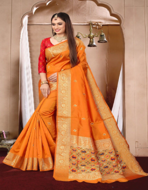 orange soft lichi silk with contrast blouse fabric weaving work casual 