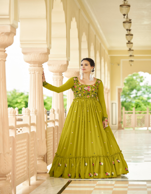 parrot green gown - georgette | inner - silk crepe | top length - 58 inch | inner length - 3 m | type - semi stitched ( can can not available ) ( customized form 38 - 46 ) fabric thread sequance embroidery work work party wear 