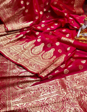 red soft banarasi lichi silk  fabric weaving work festive 