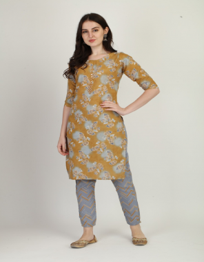 yellow kurti & pent - ruby cotton | work - print & embroidery | kurti length - 42 | pent length - 39 fabric printed + embroidery work ethnic 