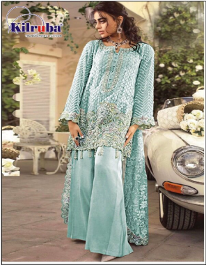 sky blue top - heavy georgette with heavy embroidery and hand work and including sleeves | bottom & inner - santoon | dupatta - fine net with beautiful embroidery and pearl work | length - 42