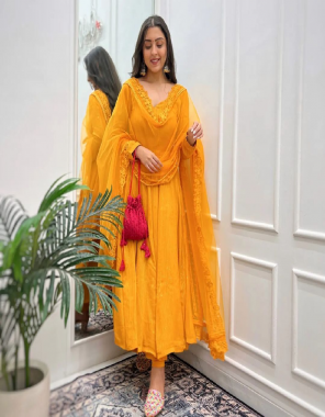 yellow gown - heavy fox georgette | inner - micro cotton | length - 56 -58 inch | flair - 3 m | size - xl stitched with xxl margin | dupatta - heavy butterfly net with embroidery lace border ( 2.1 m)  fabric embroidery sequance work work casual 