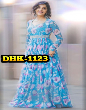 sky blue gown - heavy faux georgette with digital printed embroidery sequance work | sleeves - sleeves with digital printed work | inner - heavy micro cotton | length - 55 - 56 inch | flair - 3 m | size - xl stitched with xxl margin fabric digital printed work party wear 