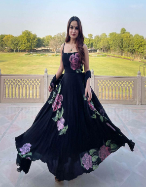 black gown - georgette silk with digital printed | inner - micro cotton | length - 55 inch | flair- 5| dupatta - georgette silk embroidery with digital printed | gown size - upto 42 xl free size ( fully stitched ) fabric digital printed work casual 