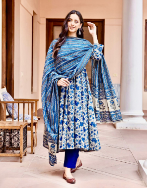blue gown - silk with digital print sleeves | length - 55 inch | flair - 3.50 m | gown size - upto 44 xl free size ( fully stitched ) | bottom - micro cotton ( unstitched ) | dupatta - georgette with digital printed ( 2.40 m) fabric digital printed work ethnic 
