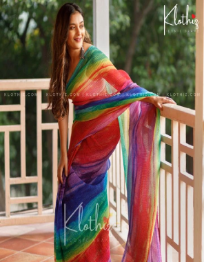 multi saree- heavy georgette with crushed | blouse - heavy silk stitched blouse | size - 38 size upto 42 | sleeves attached fabric printed work ethnic 