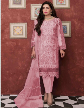 pink top - georgette with embroidery and diamond work ( including sleeves ) | inner & bottom - santoon | dupatta - chiffon all over embroidery with four side embroidery | type - semi stitched | size - fits upto 50| length - 42 