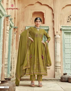 mahendi top - rayon print with embroidery neck and mirror work | bottom - airjet rayon and embroidery work pant | dupatta - chinon with four side gotta work fabric embroidery work festive 