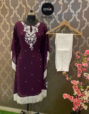 purple top - heavy fox bluming pure handwork khali work with pearl fornt & back work | inner - dal santoon | bottom - cotton lycra stitchable with fancy less | dupatta - nazmin less work | size chart - top xl side chest ( 42 ) ( use to 44 size extra margin ) | bottom xl size ( lenght -40 ) fabric handwork work festive 