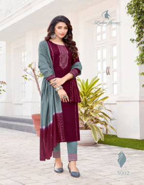 maroon top - 14kg heavy rayon with heavy embroidery work | bottom - rayon slub lycra with embriodery work | dupatta - heavy chanderi with embroidery sequance work  fabric embroidery work party wear 