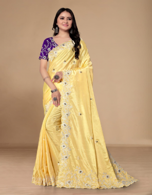yellow saree - chinon silk | blouse - satin banglory silk  fabric embroidery work festive 