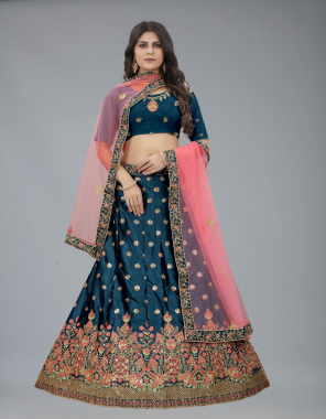 rama lehenga - satin silk | flair - 3 m | work - sequance embroidery work | inner - micro can can also comes for more volume of flair  semi stitched upto 44 size ( length - 42 ) | choli - satin silk ( unstitch 0.80 m)  sequance embroidery work up to 46 size | dupatta - net dupatta ( 2.50 m) sequance embroidery lace work fabric embroidery work ethnic 