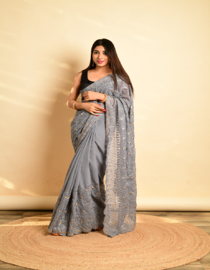 grey georgette | work - fancy georgette kashmiri work saree with satin banglori blouse | blouse - will be come in satin banglori fabric black in all sarees fabric kashmiri work work festive 