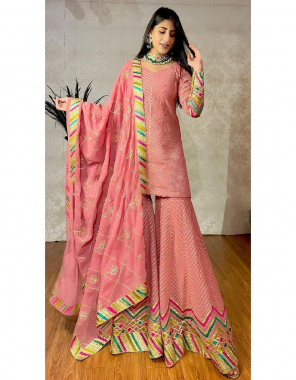 pink top - fox georgette with inner | size - up to 42 ( full stitched ) | sharara - plazzo - faux georgette with inner | size - free ( with elastic ) | dupatta - faux georgette thread work ( 2.2 m)  fabric thread work work party wear 
