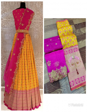 orange lehenga - pure kanjivaram silk with zari work ( 3 m) | blouse - jacquard ( 1 m) | dupatta - organza with 2 side piping  (2.20 m) fabric weaving work party wear 