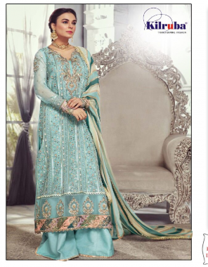 sky blue top - georgette with embroidery and sequance work with pearl work ( including sleeves ) | bottom - santoon | dupatta - heavy georgette with digital printed | type - semi stitched | size - upto 56| length - 42 