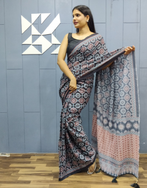 black saree - premium mul mul soft cotton | size - free size 44 | blouse - plain banglory blouse | size - 1 m ( unstitch ) | with belt fabric printed work casual 