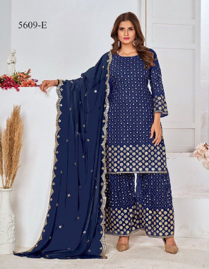 navy blue top - heavy georgette with embroidery work & sequance work | type - full stitched | size - 46 size | length - max upto 39 inc | sleeves - heavy georgette | inner - santoon | plazo - heavy georgette with embroidery sequannce with attached inner attached ( santoon) | type - full stitched | dupatta - heavy georgette with embroidery work with sequance work with 4 side less fabric embroidery work ethnic 